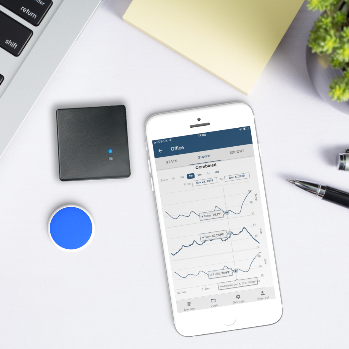 WiFi Gateway for streaming data over the internet with Disc Bluetooth sensor on desk