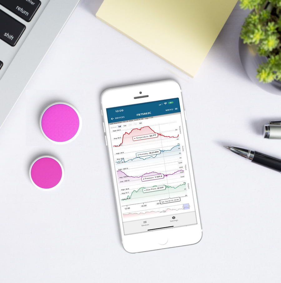 Purple Bluetooth Logger for Barometric Pressure Temperature Humidity with Alerts next to smartphone