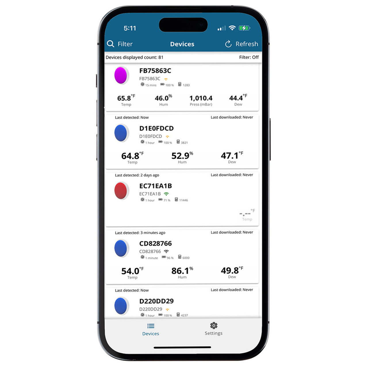 Screenshot of app showing different sensors listed reporting different metrics such as temperature, humidity, barometric pressure and dew point.