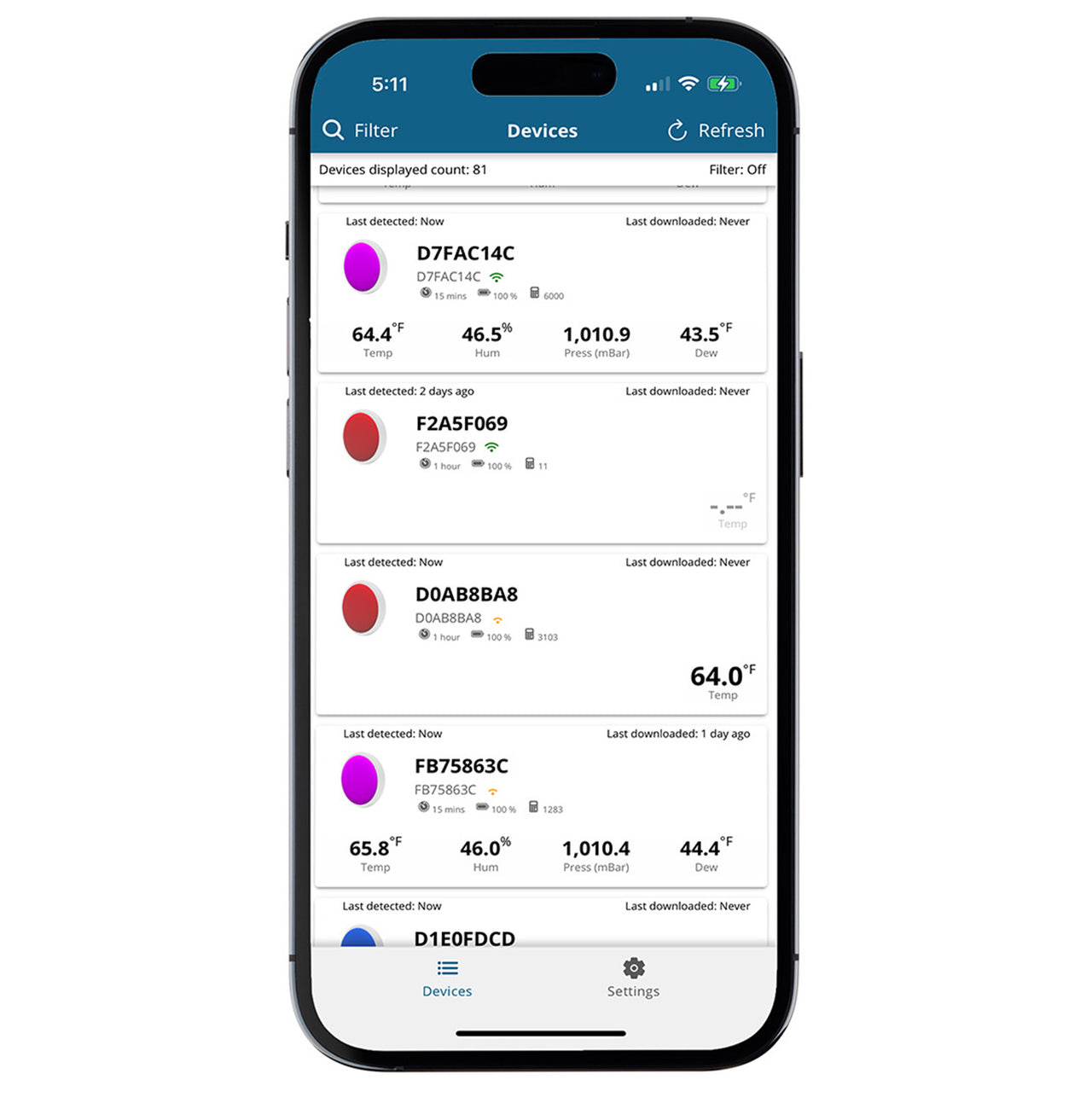 App Screenshot For Bluetooth Logger Showing Different Sensors like Barometric Pressure, Humidity and Temperature